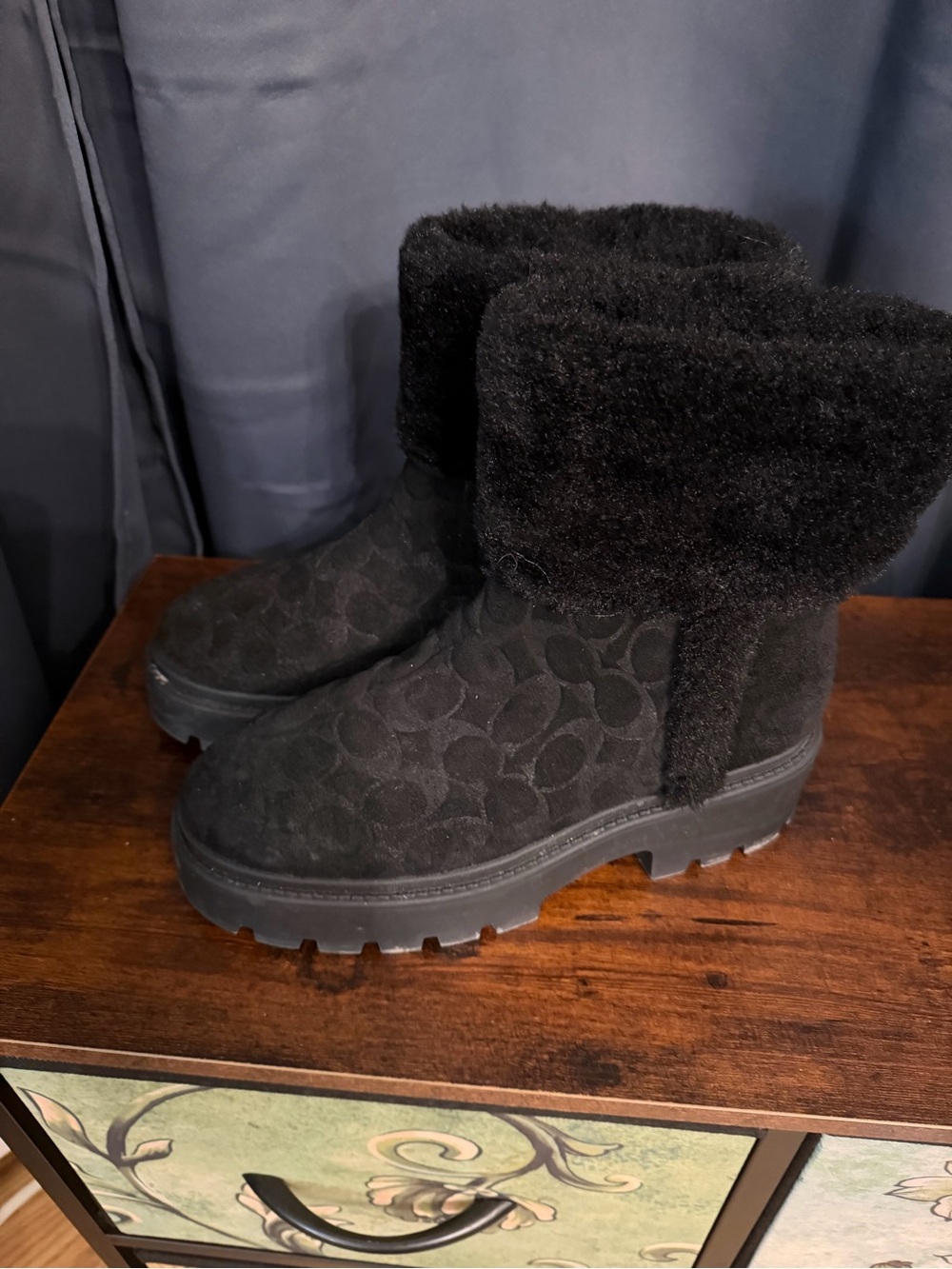 Coach Black Suede Shearling Cuff Platform Ankle Boots